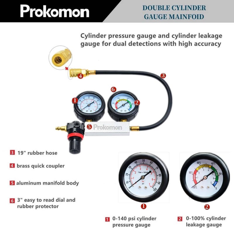 Prokomon Engine Cylinder Leak Down Tester Kit;Cylinder Leakage Tester Set for Pressure Check and Leakage Rate Test；Gasoline Engine Leakdown Tester Kit with Extension Rod Grey - Image 2